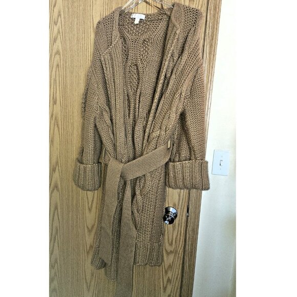 Michael Michael Kors Woman Belted Cable-Knit Cardigan in Camel SZ LG - Picture 3 of 6